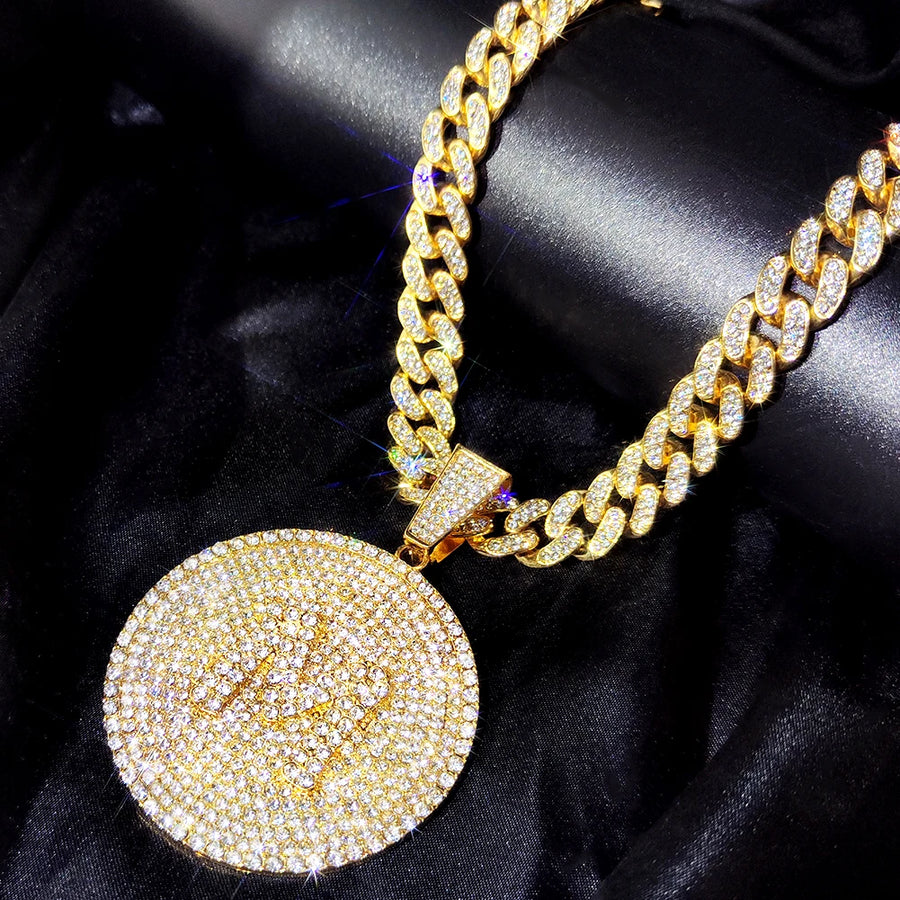 New Bling A-Z Letters Pendant Necklace for Men Women Crystal Miami Cuban Link Chain Round Initials Necklace Fashion Jewelry