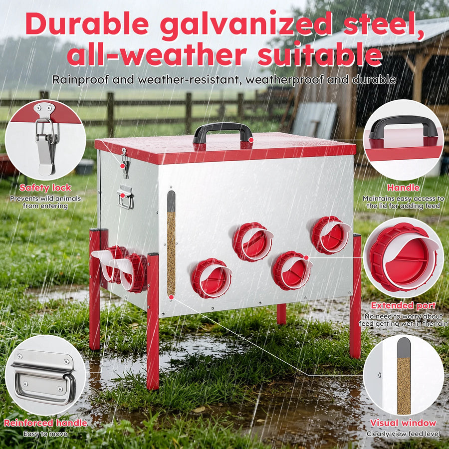 Automatic Chicken Feeder 130LBS Large Capacity 12 Anti-Waste Ports Metal Poultry Feeder with Height Adjustable Stand Waterproof Rodent Proof Feed Box with Lid Viewing Window for Hens Ducks Geese
