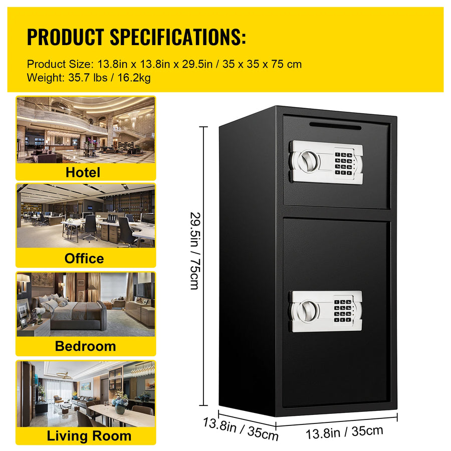 SucceBuy 33" Double Door Safe Deposit Box Secret Hidden Piggy Bank Steel Separate Storage Space Electronic Lock for Office Home