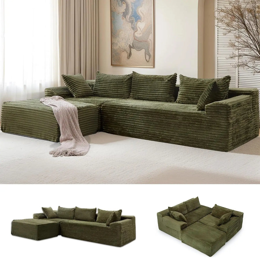 108" L-Shaped Boneless Corduroy Modular Sofa, Fluffy Sectional with Deep Seat & Side Chaise, Custom