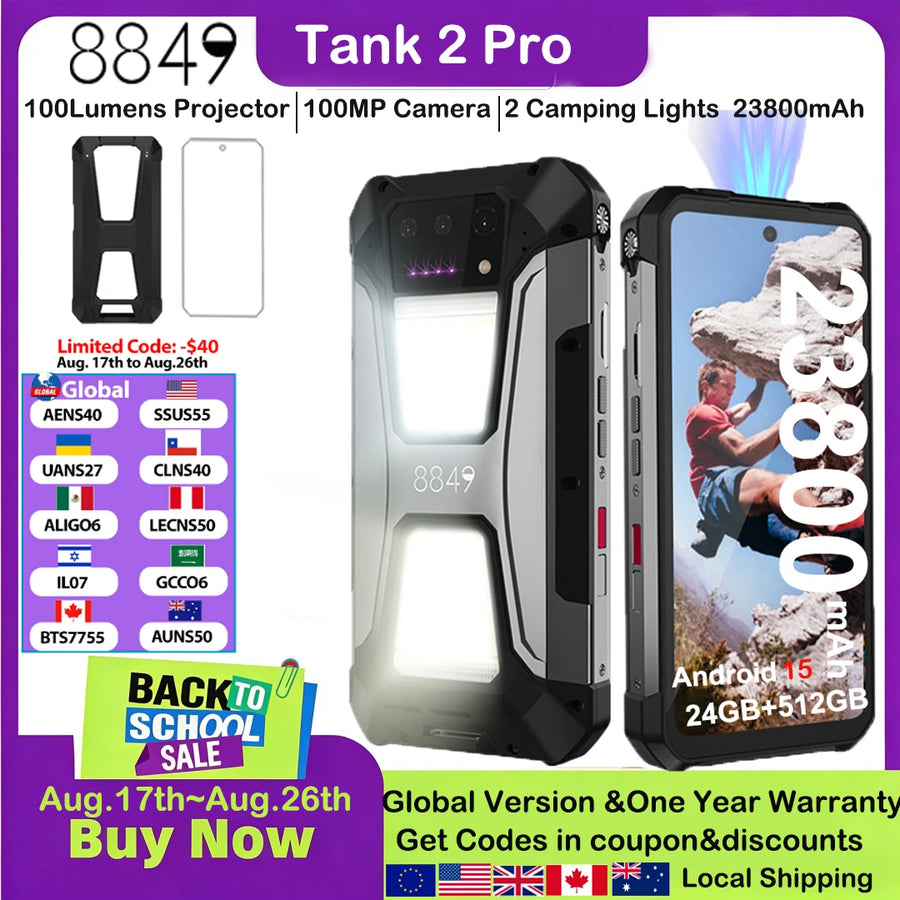 8849 Tank 2 PRO Smartphone robuste avec projecteur Écran 6,79" 2,4K 24 Go 512 Go Téléphone portable 23800 mAh 120 W Téléphone Android 14