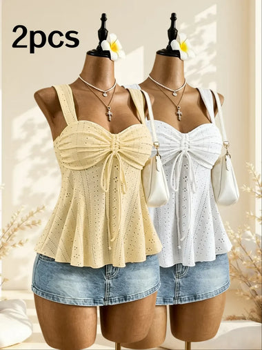 Women Sweetheart Neck Drawstring Ruched Peplum Cami Top Polka Dot Print Sleeveless Casual Camisole Outfit