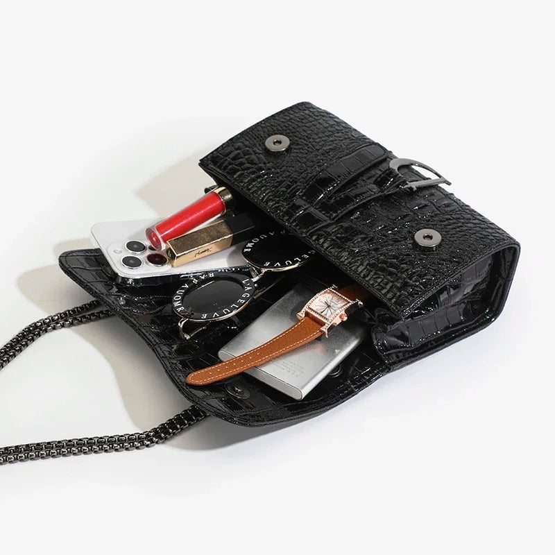 Fashion Ladies Croc Pattern Sequined Chain Crossbody Bag D‑Buckle Shoulder Messenger Handbag Women Evening Party Purse