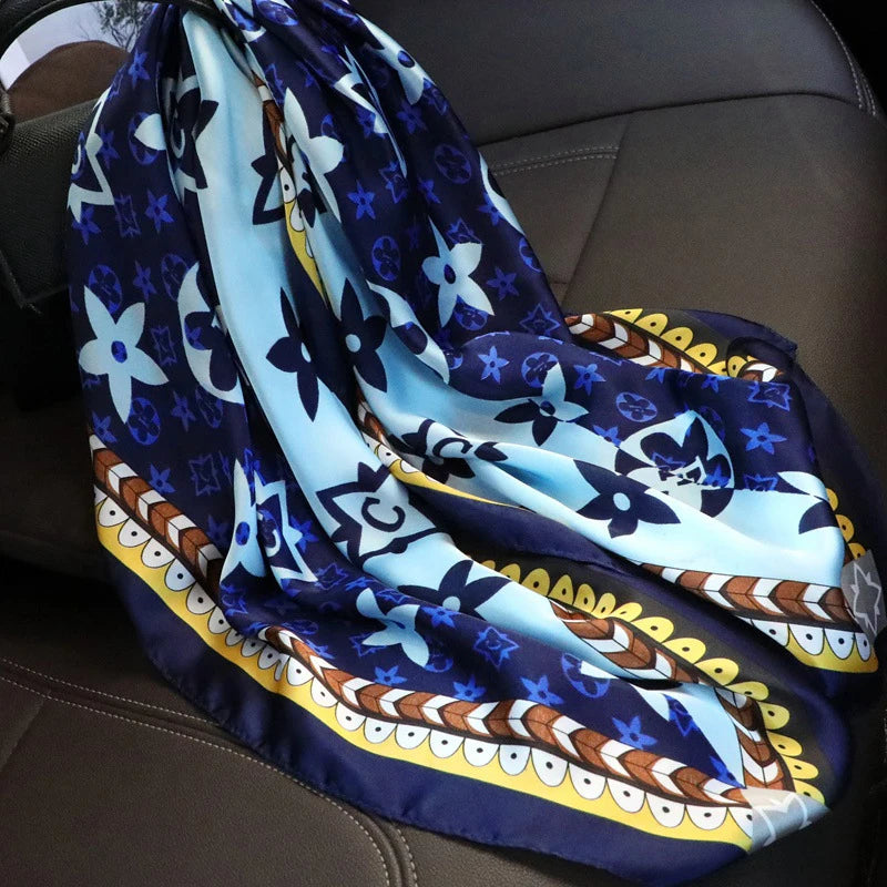 90X90cm 2025 New Women Luxury Print Satin Silk Scarves Square Scarf Hijab Neckerchief Female Hair Ribbon Headband Wrap Bandana