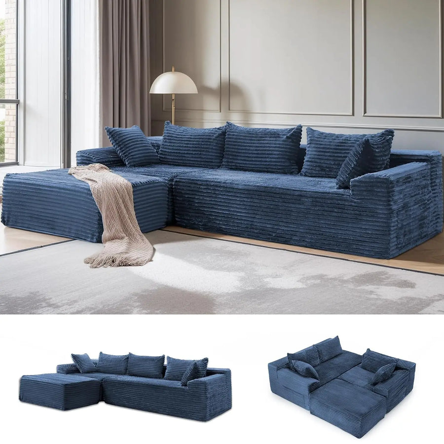108" L-Shaped Boneless Corduroy Modular Sofa, Fluffy Sectional with Deep Seat & Side Chaise, Custom