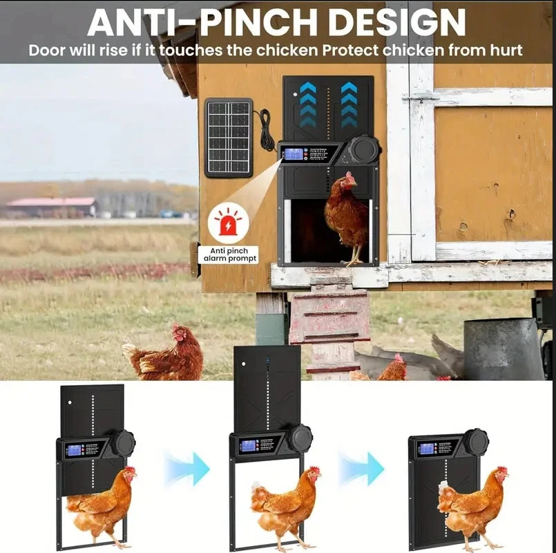 Automatic Chicken Coop Door, Anti Pinch Protection, Large LCD Display Screen, Timer and Light Sensor Mode, Solar Powered Automat