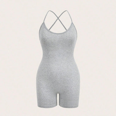  Sexy women 's Grey Cross Strap Bodysuit  Fitness Jumpsuit Women  Adjustable Sports  Shorts Backless Set Romper