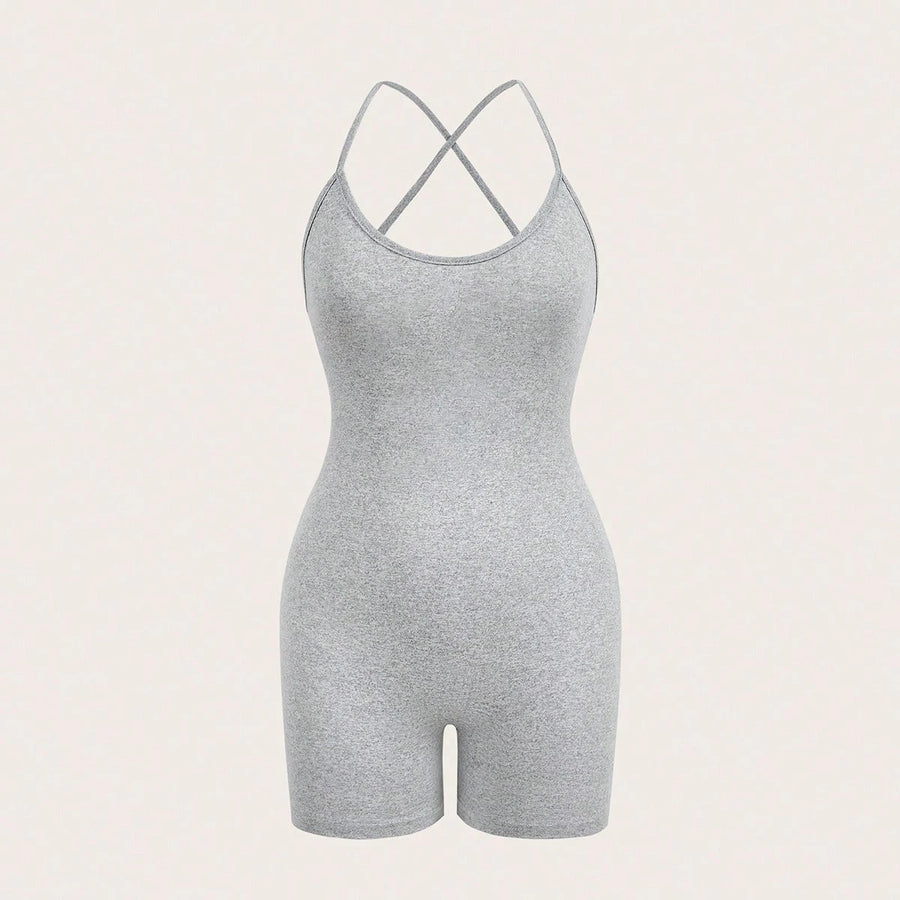  Sexy women 's Grey Cross Strap Bodysuit  Fitness Jumpsuit Women  Adjustable Sports  Shorts Backless Set Romper