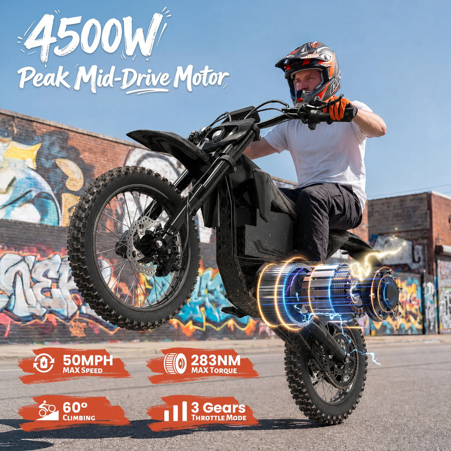 QRONGE X1 Spark L Electric Motorcycle, 4500W Peak Electric Bicycle, 60V 28.8Ah Up to 50MPH & 60 Miles Electric Dirt Bike, Full Suspension 17"/14" Off-Road Tire E-Dirt Bike for Adults Teens 1-Year Warranty