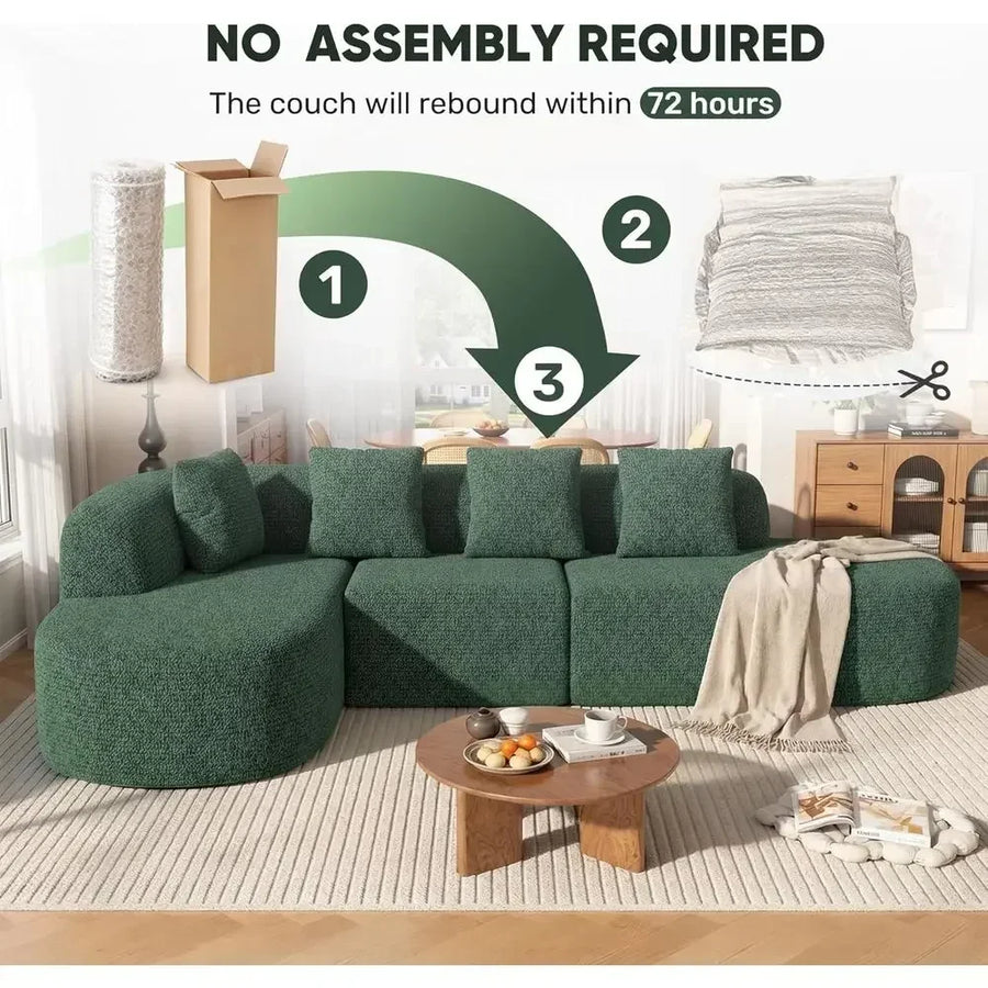 Green Oversized L-Shaped Sectional Sofa with Deep Seat and Chaise for Living Room or Bedroom, Ready to Use