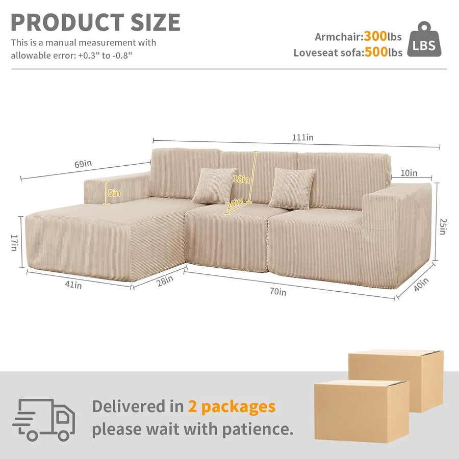 111" Boneless Couches for Living Room 3-Piece Cloud Couch Modular Sectional Deep Seat Compressed Couches for Living, Customized