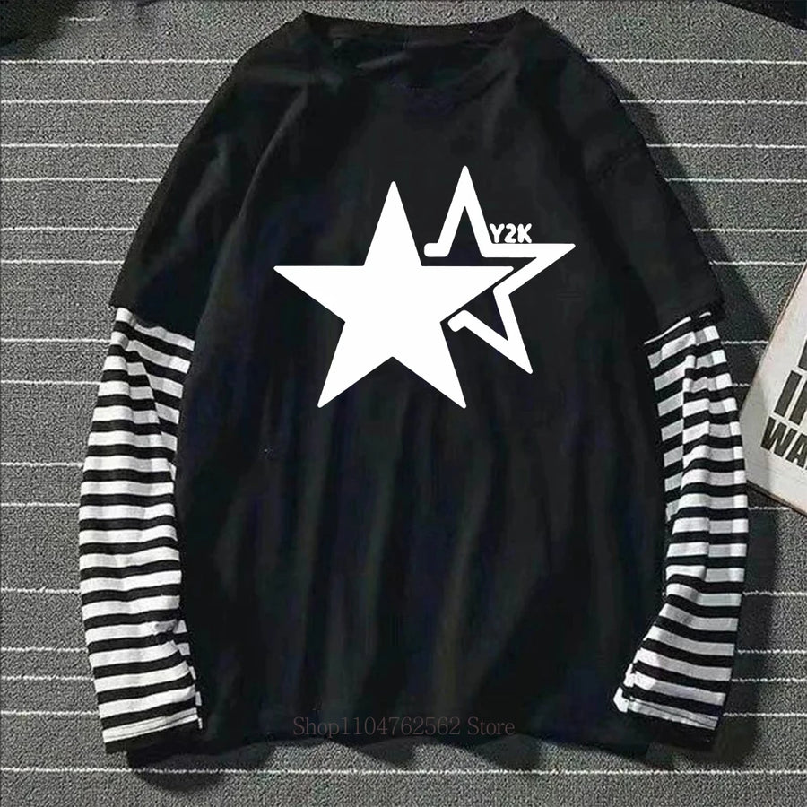Women Star Y2K Print Graphic Fake Two Long Sleeved T-shirts Fashion Gothic Retro Casual Loose Fake Two Long Sleeved T Shirt