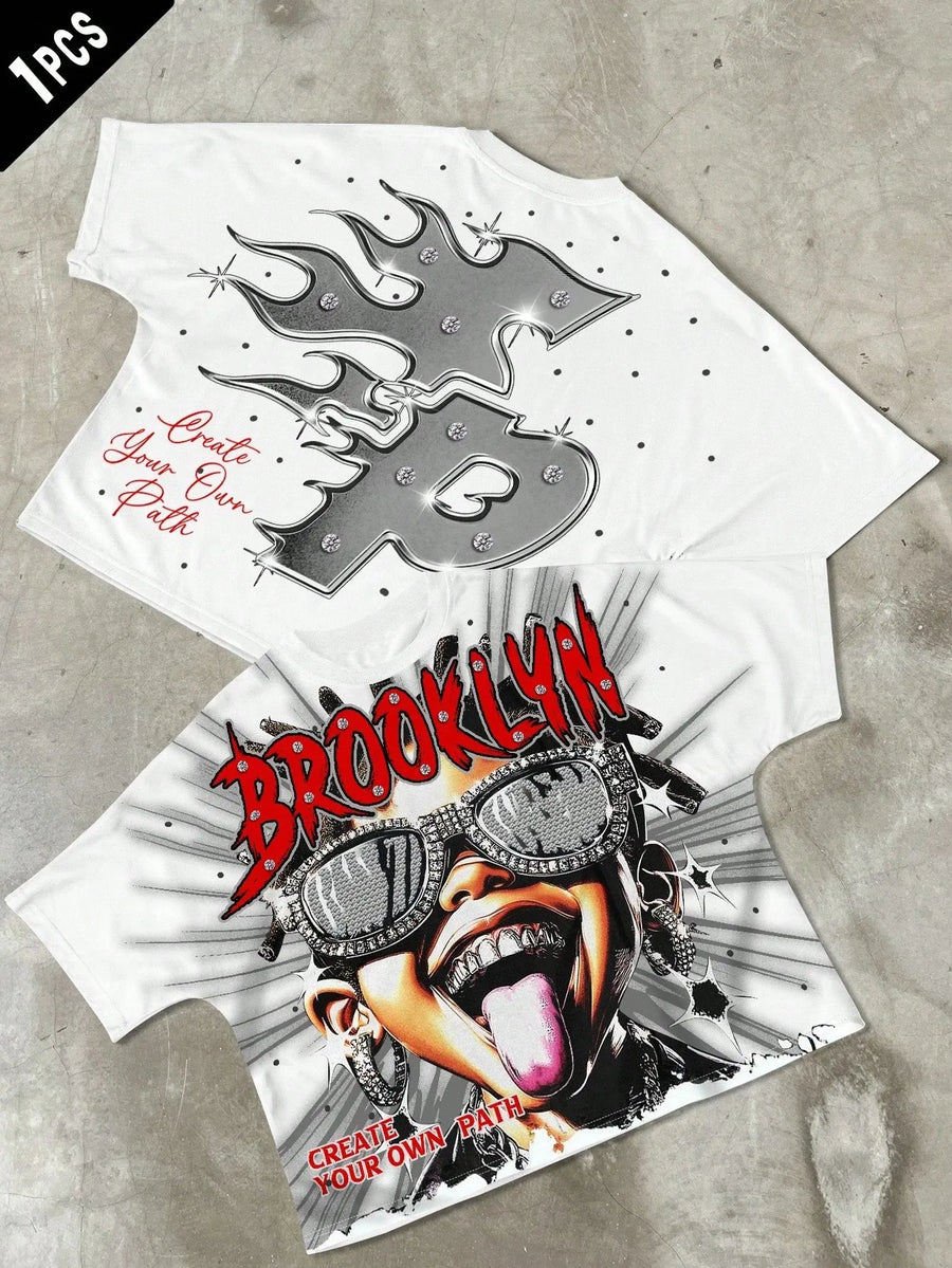 2026 Summer Men's T-shirt with Letter Print Breathable Lightweight Casual Roller Skating Hip-Hop Style Male T-shirt