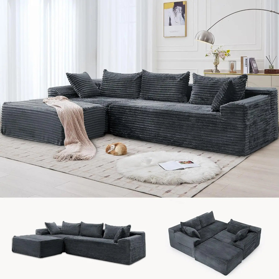 108" L-Shaped Boneless Corduroy Modular Sofa, Fluffy Sectional with Deep Seat & Side Chaise, Custom