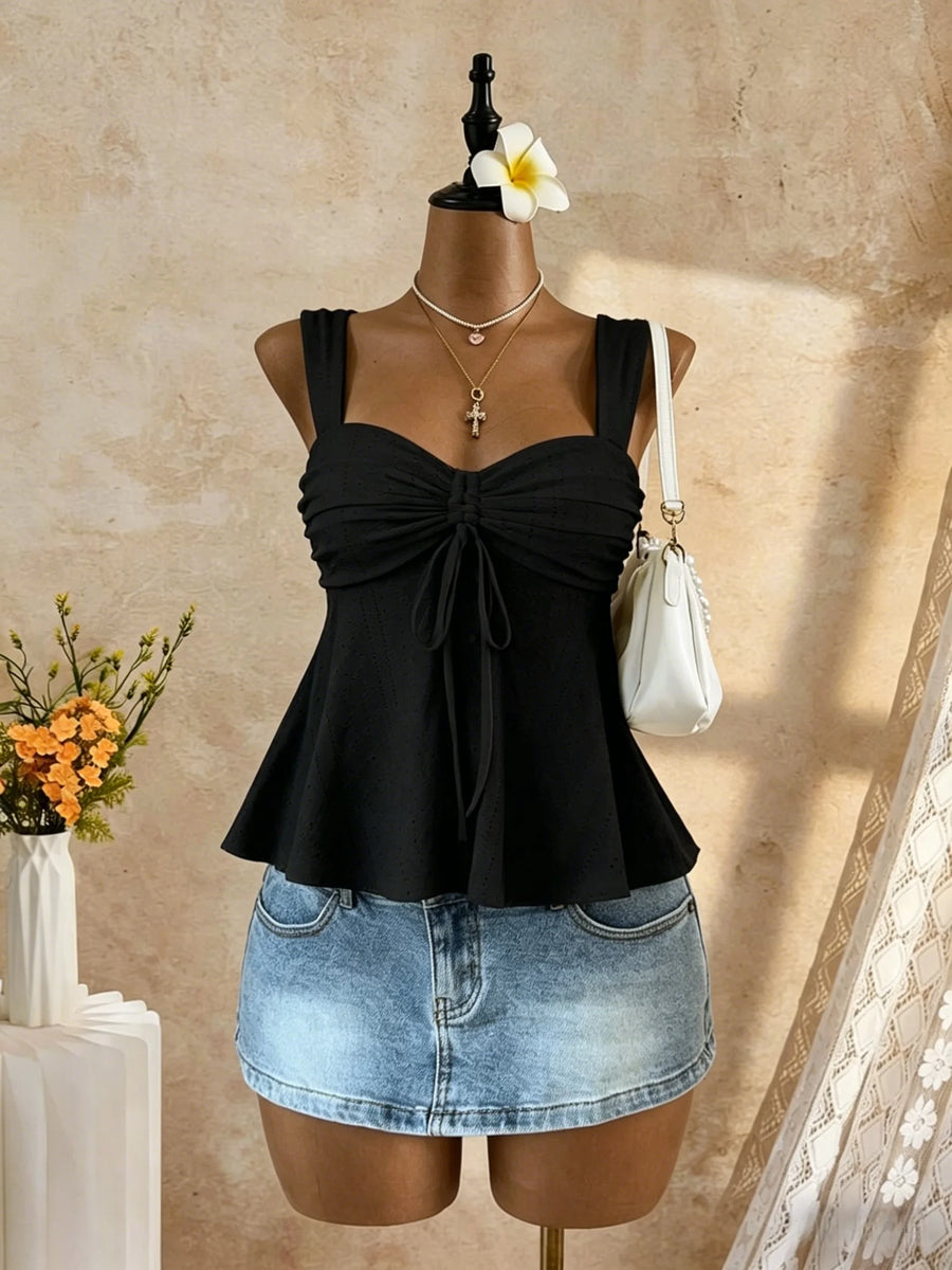 Women Sweetheart Neck Drawstring Ruched Peplum Cami Top Polka Dot Print Sleeveless Casual Camisole Outfit