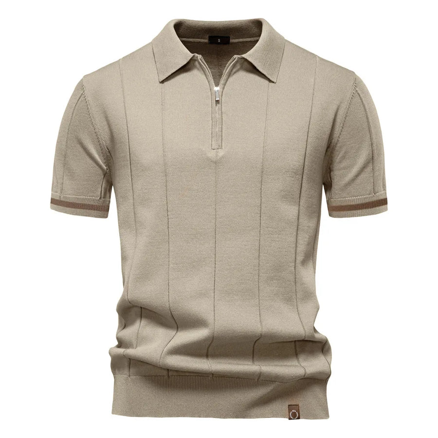 New Men's Business Casual Short-Sleeved Fashion Trend Knitted Polo Shirt with Lapel and Half-Zip Pullover Design.