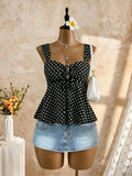 Women Sweetheart Neck Drawstring Ruched Peplum Cami Top Polka Dot Print Sleeveless Casual Camisole Outfit