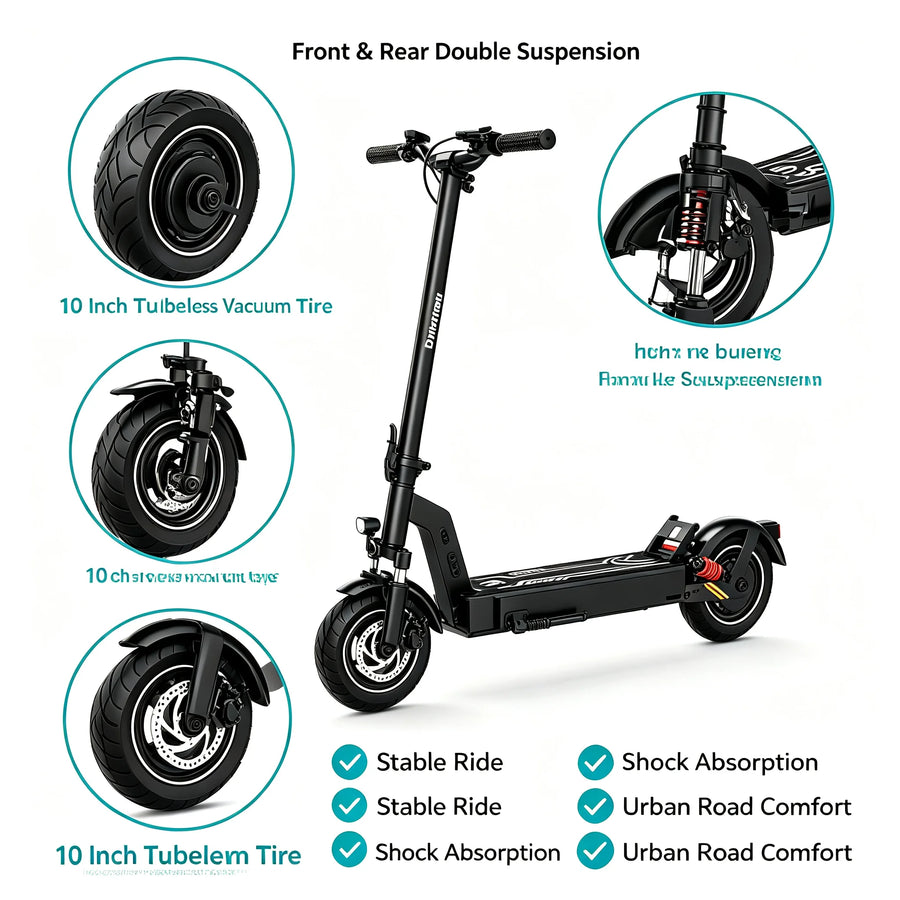 DriveTron DT08 Foldable Adult Electric Scooter 500W 1100W Peak Rear Drive Motor 48V 13Ah Lithium Battery Max 40KM/H 40-60KM Long Range 10 Inch Tubeless Tire Front & Rear Dual Spring Shock EABS Electronic Brake IPX5 Waterproof