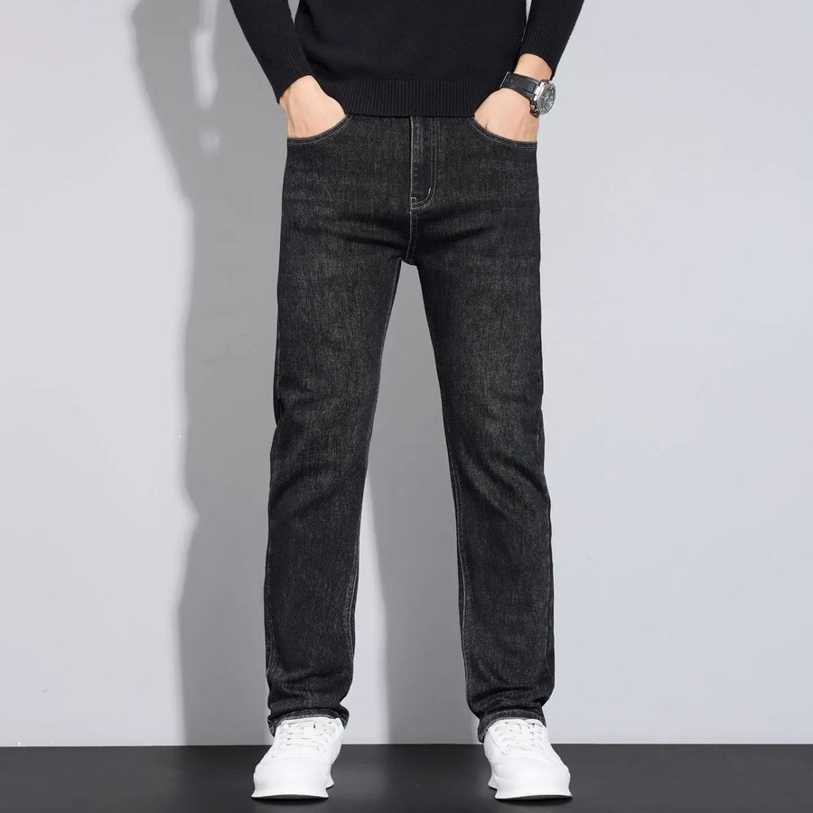2025 men's fashion business jeans classic style casual elastic slim fit jeans men's denim pants black blue