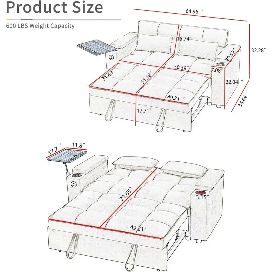 65 Convertible Sofa Bed with Pull-Out Couch, 360° Swivel Side Table, Chenille Fabric, Space-Saving Living Room Furniture, Easy A