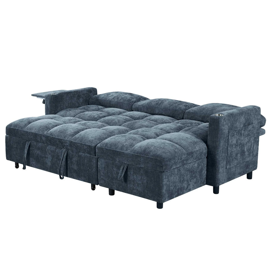 81.8" L-Shaped Sleeper Sofa with Pull Out Bed, Convertible Sectional Couch with Storage Chaise, USB/Type-C Charging and Cup Holders, Plush Chenille Modular Sofa for Living Room, Blue