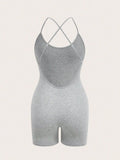  Sexy women 's Grey Cross Strap Bodysuit  Fitness Jumpsuit Women  Adjustable Sports  Shorts Backless Set Romper