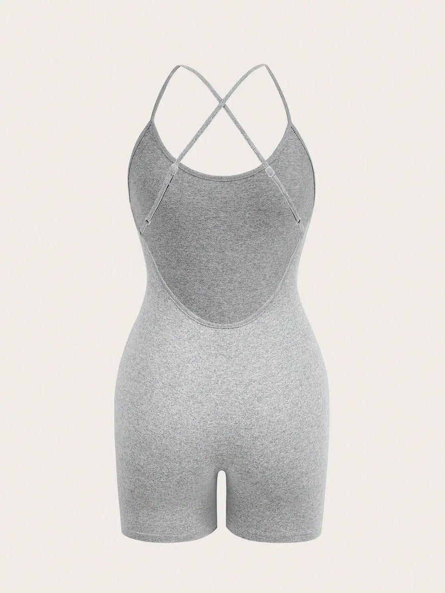  Sexy women 's Grey Cross Strap Bodysuit  Fitness Jumpsuit Women  Adjustable Sports  Shorts Backless Set Romper
