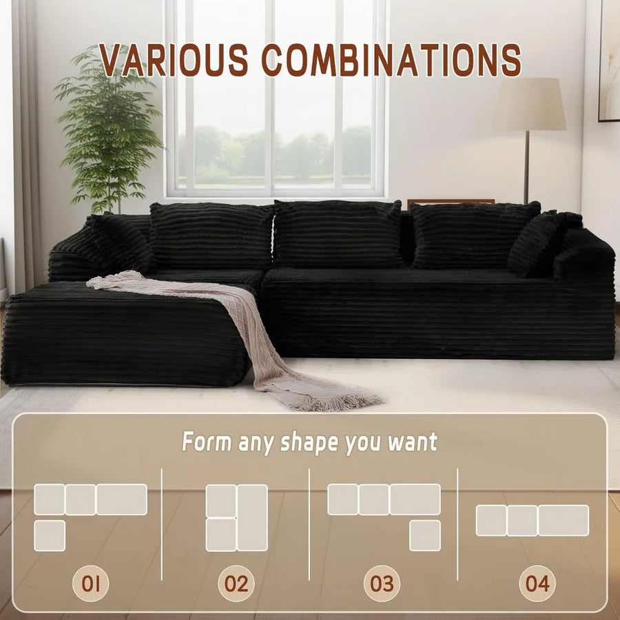 108" L-Shaped Boneless Corduroy Modular Sofa, Fluffy Sectional with Deep Seat & Side Chaise, Custom