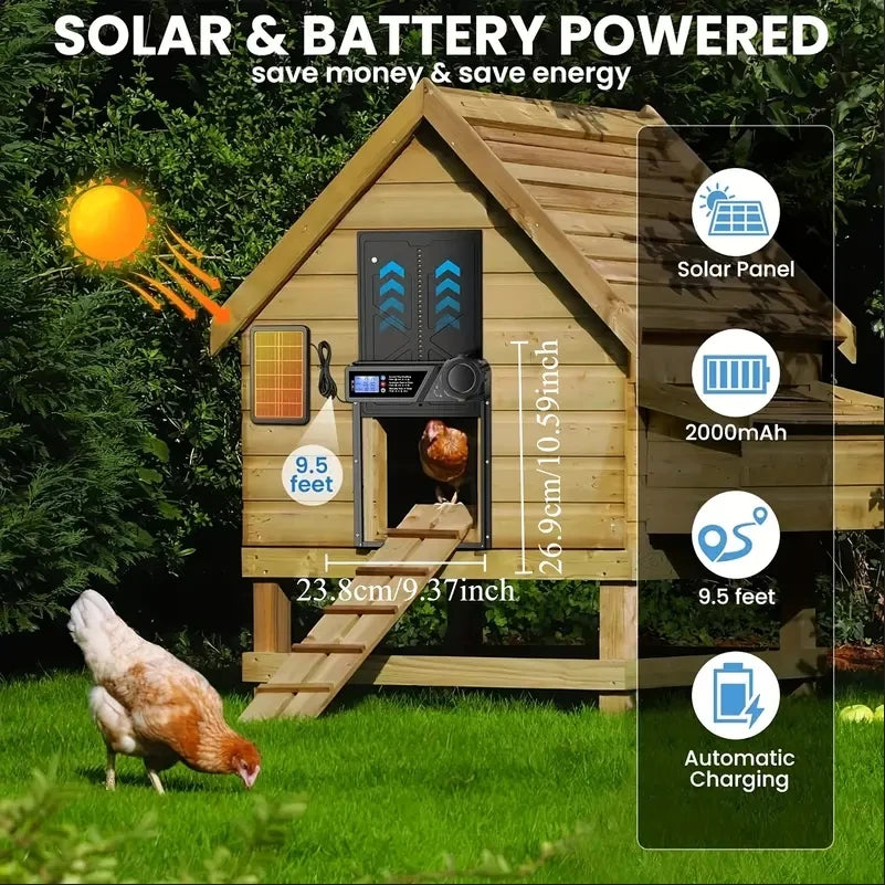 Automatic Chicken Coop Door, Anti Pinch Protection, Large LCD Display Screen, Timer and Light Sensor Mode, Solar Powered Automat