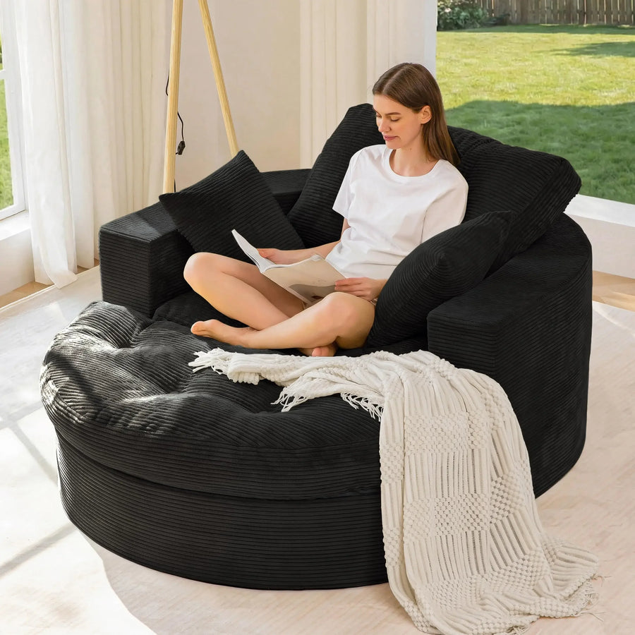 MAXYOYO Oversized Round Chaise Lounge Sofa, Upholstered Lounge Chair with 3 Pillows, Boneless Sofa Couch with Ottoman,Deep Seat