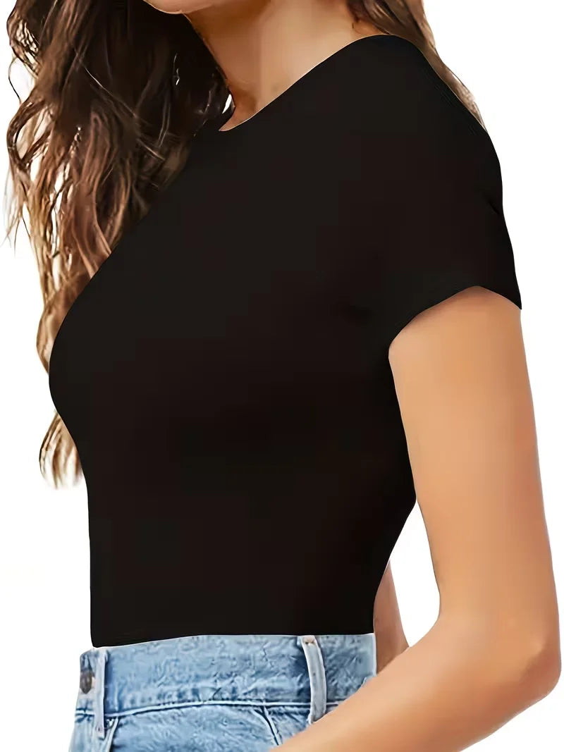 Women Solid Color Slim Fit Short Sleeve Bodysuit Summer Crew Neck Adult Gymnastics Dance Tops Jumpsuit